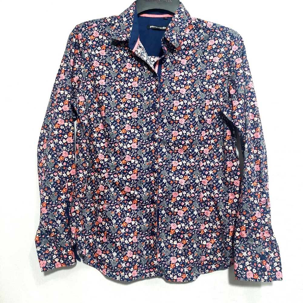 Pierre Cardin Womens Med Floral Shirt Blouse Roll Tab Sleeves Collar Button Up